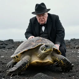 An astonished Winston Churchill discovers the first turtle ever in Galapagos, national geographic, XF IQ4, f/8, ISO 200, 1/160s, 4k, 8K, RAW, directed gaze