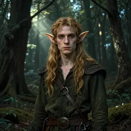 photo of the musician grimes as an elf, standing in a forest, showing face, fantasy rpg, dark woods in the background, light rays peaking through the tree, 8 k, art by thomas kinkade, very detailed, photo realism