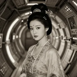 closeup photo of beautiful sexy  Chinese ancient princess standing in the tunel in the space ship segment, futuristic space ship interrior, wires with lights, vintage old photo, black and white, sepia, cinematic lighting, cinematic angle, editorial photography