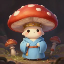 cute anthropomorphic sentient mushroom monk character looking like amanita muscaria wearing a crown, tiny, short, pale blue robe, cute and adorable, pretty, beautiful, DnD character art portrait, matte fantasy painting, DeviantArt Artstation, by Jason Felix by Steve Argyle by Tyler Jacobson by Peter Mohrbacher, cinematic lighting