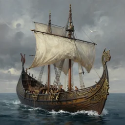 a digital painting of a viking ship, digital painting, hyper realistic, nordic mythology, full of details, in the style of simon stalenhag,