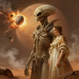 Epic portrait Alien civilization on mars getting hit by mars moon phobos, explosions, debris, steam, digital painting, artstation, concept art, soft light, hdri, smooth, sharp focus, illustration, fantasy, intricate, elegant, highly detailed, D&D, matte painting, in the style of Greg Rutkowski and Alphonse Mucha and artemisia, 8k, highly detailed, jurgens, rutkowski, bouguereau, pastoral, rustic, georgic