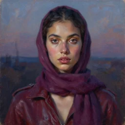 dreamy detailed portrait in femininity, realistic face sculpted features, ethnic, deep clear eyes, statuesque, gazelle - like, flight suit and scarf, twilight lighting, chiaroscuro, reflections, berry color palette, brushy impressionism, contemporary fashion, deep rich hues, oil on canvas