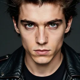 a photograph of a young man in leather jacket, 9 0 s rebellious punk, fierce expression, dof, sharp focus, highly detailed face, symmetric face, realistic iris, cinestill 8 0 0 t, photography by paolo roversi