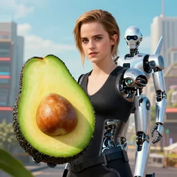 emma watson avocado and robot cyberpunk in landscape