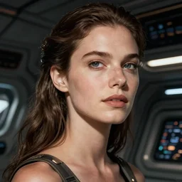 VFX movie of a futuristic space woman model gorgeous portrait in future spaceship, beautiful natural skin natural lighting by Emmanuel Lubezki