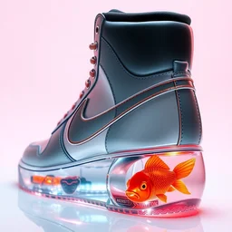 nike high top sneakers concept shot, made of glass with a goldfish in the heel, style of hokusai and akira toriyama