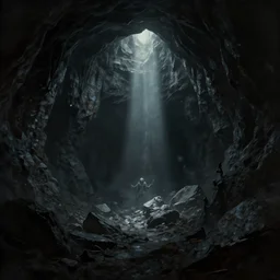 epic dark cave matte painting by anato finnstark by peder balke by peder balke by chip zdarsky, rocks and stone dark mystic. sinngle ray of light in center. artstation brushed illustrated print epic agony desperate metal kvlt nordic noir cave dark widescreen format videogame title