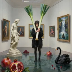 painting of a flooded art gallery with paintings on the walls, a tall emo girl holding a giant leek, stone sculpture by rodin, pomegranates, octopus, waterfall, zen, black swans, berries, surrealist, by magritte and monet