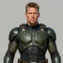 portrait of superhero by greg rutkowski, michael biehn wearing a olive green, black and blue kevlar gear, highly detailed portrait, digital painting, artstation, concept art, smooth, sharp foccus ilustration, artstation hq