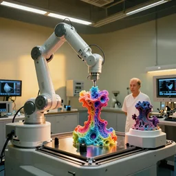 a complex bifurcated robotic cnc surgical arm cybernetic symbiosis hybrid mri 3 d printer machine making rgb organic ceramic fractal forms by wayne barlowe and beeple in the glass room laboratory with control panels golden hour lighting film still from movie, wide lens, f 3 2,