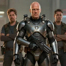 Movie still of Saul Goodman wearing futuristic futuristic futuristic armour while holding a machine gun, highly detailed, digital painting, artstation, concept art, sharp focus, illustration, art by Tony Sart and artgerm and randy vargas