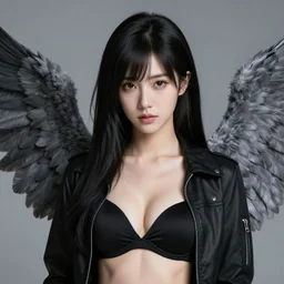 beautiful black haired angel girl, black jacket, black bra, ( ( gray wings ) ), highly detailed, d & d, fantasy, highly detailed, digital painting, trending on artstation, concept art, sharp focus, illustration, art by artgerm and greg rutkowski and fuji choko and viktoria gavrilenko and hoang lap