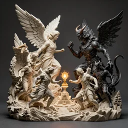 an intricate 3d sculpture of the battle for good and evil with angels and demons by kris kuksi
