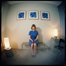kodak portra 4 0 0, wetplate, 8 mm extreme fisheye, award - winning colour portrait by britt marling : a 1 9 6 0 s room, blueberry, square square picture frames, concrete, shining lamps, 1 9 6 0 s metal furniture, smoke, fog, no people