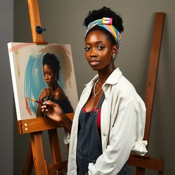 venus williams stands at her easel, painting a self portrait