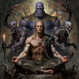 the platonic ideal of meditating of cletus kasady ultimate carnage thanos dementor doctor manhattan chtulu nazgul, detailed, intricate, hyperrealism, intense, scary, decay, dmt, art by brock hofer and artgerm and greg rutkowski and alphonse mucha