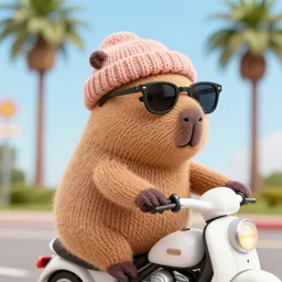 a closeup photorealistic photograph of a knitted cute Capybara wearing stylish sunglasses and dressed in a beanie cap and riding on a motorcycle in Hollywood at sundown. Palm trees in the background. This 4K HD image is Trending on Artstation, featured on Behance, well-rendered, extra crisp, features intricate detail and the style of Unreal Engine.