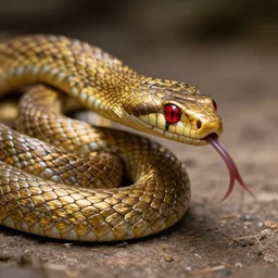 a snake made of iron with golden scales. eyes are bright red and it tongue is outside.