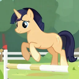 full body shot, hybrid ( my little pony ) and horse, horse jumping a over a hurdle, a rider on a horse, professional, high quality, dof, bokeh, action