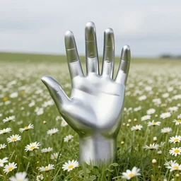 a monolithic chrome hand in the foreground of a meadow of daises, visible horizon, overcast day