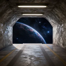 an underground metro with a view on space,3d render, realistic, highly detailed, artwork, cinematic, hyper realistic