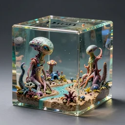 Diorama of a alien landscape with strange life, inside a epoxy resin cube, photorealistic, detailed, 4k, artstation, by 4THECRAFT youtube