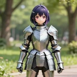 a masterpiece ultrarealistic ultradetailed photograph of a lifelike anime girl that is dressed in steel plate armor, kawaii, inside a park, art by wlop, lgbt, highly rendered, blender, unreal engine, readable, extremely detailed, trending on artstation, sharp focus, 4 k
