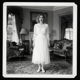 a double exposure of a beautiful full length portrait of a screaming young woman looking down, apparition, ghostly, white dress, with an estate agent photo of a stately home living room, scratched photo, damaged edges, black and white damaged photo, 1 9 2 0 s