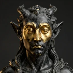 a statue of an evil creature, made of black marble with gold, perfect symmetrical face, no eyes, hyper realistic, hyper detailed, by johannen voss, by peter kemp, by monia merlo, by michelangelo, octane render, blender, 8 k