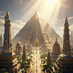 an futuristic solarpunk city with temples with a giant pyramid and bright sun crepuscular rays 8 k highly detailed high contrast and sharp hyperornate trending on artstation