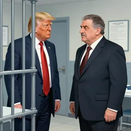 illustration of donald trump and El Chapo sharing a prison cell in jail. videogame cover art, highly detailed, digital painting, artstation, concept art, smooth, detailed armor, sharp focus, beautiful face, illustration, art by Artgerm and greg rutkowski and alphonse mucha
