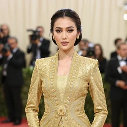 portrait of lindsey pelas golden kebaya and sarong skirt in met gala, by charlotte grimm, natural light, detailed face, beautiful features, symmetrical, canon eos c 3 0 0, ƒ 1. 8, 3 5 mm, 8 k, medium - format print,