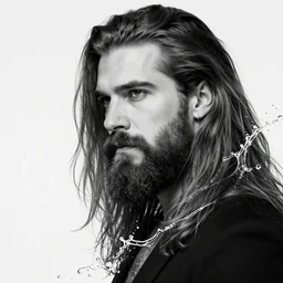 highly detailed beautiful black and white photography of man with long hair and beard, splash, sharp focus, dynamic lighting, elegant harmony, beauty, masterpiece, by riccardo federici, by james jean, by craig mullins, by lois van baarle, by makoto shinkai, by greg tocchini, by greg rutkowski, illustration, ink draw, pen,