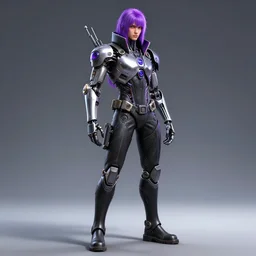 full body head to toe portrait of a cyberpunk sci-fi cyborg netrunner bionic man, third person, D&D, sci-fi fantasy, matrix , intricate, black with shiny silver and purple fringe highlights, highly detailed, art by Range Murata, highly detailed, 3d, octane render, bright colors, digital painting, trending on artstation, sharp focus, illustration style of Stanley Artgerm, dramatic background