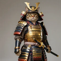cat samurai, full samurai armor, cat warrior, realistic, gold armaments, sword, 4 k, 8 k, hd,