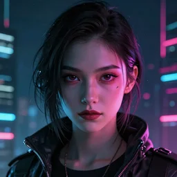 android, killer - girl, 1 / 8 katsuya terada, style of cyberpunk, night, city, high detail of the face
