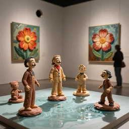 plasticine sculpture stop motion. john craxton. salvador dali clay models. visitor. gallery painting of flower. water floor. room with a hole in wall. high detail. shadow. photorealistic