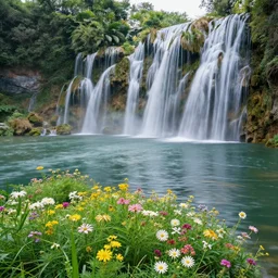 ultra realistic photo, wallpaper, waterfalls, lake, flowers, insanely detailed plants, natural day lighting, pictures of landscapes, nature photo award
