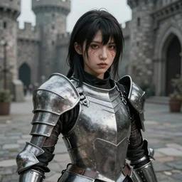 a masterpiece hyperrealistic ultradetailed fullbody photograph of a lifelike real human anime girl wearing steel plate armor, selfie, inside a castle courtyard, ugly, k - pop, rough skin pores texture, desaturated, photoreal image, made by wlop, photoreal, overrendered, blender, unreal engine, extremely detailed, trending on artstation, sharp focus, 4 k