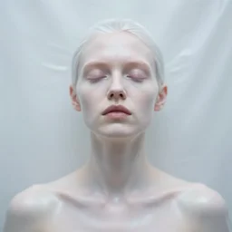 out of focus photorealistic portrait of a beautiful!!! aesthetic pale woman by saul leiter, behind a white latex sheet, very blurry, translucent white skin, closed eyes, foggy