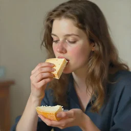 a beautiful woman eating cheese, very detailed, 4 k, by peter doig