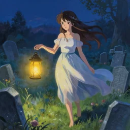 a ultradetailed beautiful painting of a beautiful spirit roaming a graveyard with lantern, by conrad roset, greg rutkowski and makoto shinkai trending on artstation