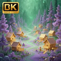 portrait of an ethereal vaporwave wooden village made of golden lavender and green light, evergreen forest, divine, cyberspace, mysterious, high-contrast, 4k, award-winning photograph