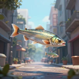 fish swimming above the streets, octane render, digital art, artstation
