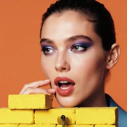 extremely detailed studio closeup portrait of a fashion model talking on a yellow brick. surreal photograph, lo - fi, perfect face model, polished look, solid background, silly and serious, hermes ad, fashion photography, toiletpaper magazine by pierpaolo ferrari and maurizio cattelan, 3 5 mm photograph, colourful, david lachapelle, canon eos c 3 0 0, 8 k, medium - format print