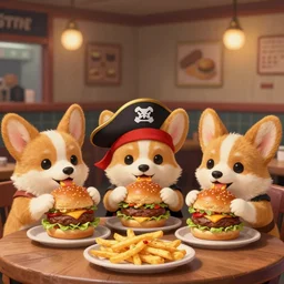 a portrait of three anthropomorphic corgi pirates eating hamburgers and fries, restaurant in background, cute and adorable, dnd character art portrait, well rendered matte fantasy painting, deviantart artstation, by jason felix by steve argyle by tyler jacobson by peter mohrbacher, cinematic lighting