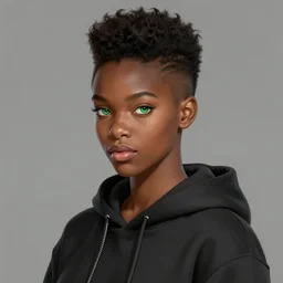 photographic portrait of an handsome young black woman with a mohican haircut and green eyes in a back hoodie, flat lighting, elegant, highly detailed, digital painting, artstation, concept art, sharp focus, star wars, illustration, art by akira toriyama