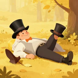 man with tophat laying on the ground, relaxing, playful, goden forst, leaves