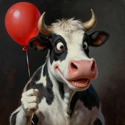 grunge cartoon painting of a cow with a wide smile and a red balloon by chris leib, loony toons style, pennywise style, corpse bride style, horror theme, detailed, elegant, intricate